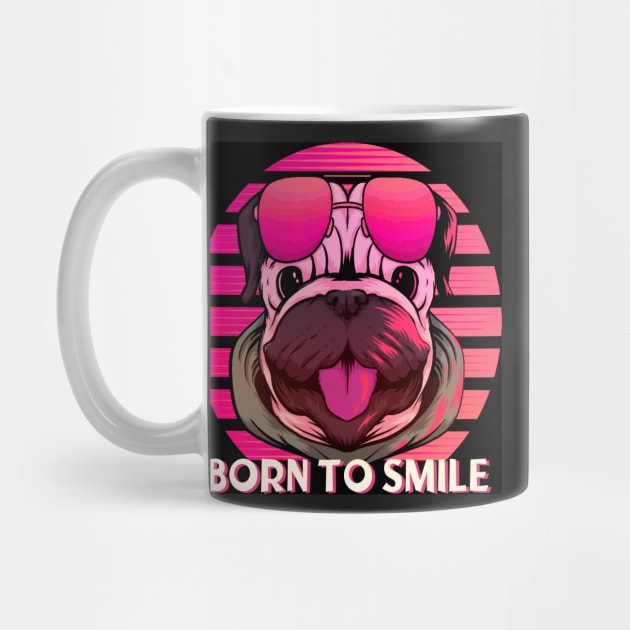 Pug dog born to smile. Funny retro aviator style pug dog on pink. by Rebeldía Pura